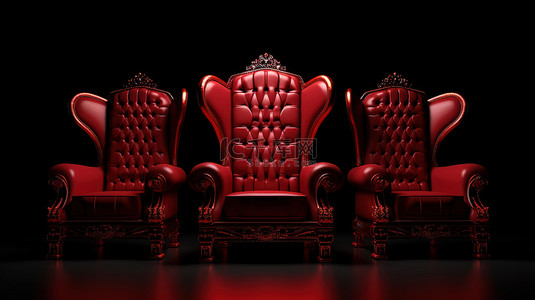领导班子展板背景图片_现代红色扶手椅围绕着黑色背景上 3D 渲染的红色皇家宝座，体现了领导理念