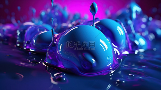 以抽象的蓝色和紫色渐变颜色关闭 3d 渲染的液体斑点