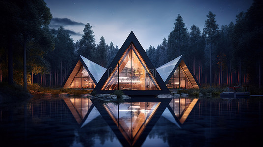 夜光森林背景图片_创新的三角形家居设计，以风景秀丽的湖泊森林为背景，为露营爱好者提供 3D 插图