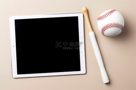 一块白色平板电脑，上面有棒球棒和手套