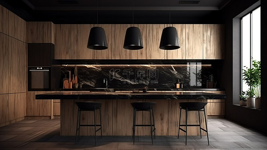 木质厨房的令人惊叹的全景，配有光滑的 3D 黑色瓷砖