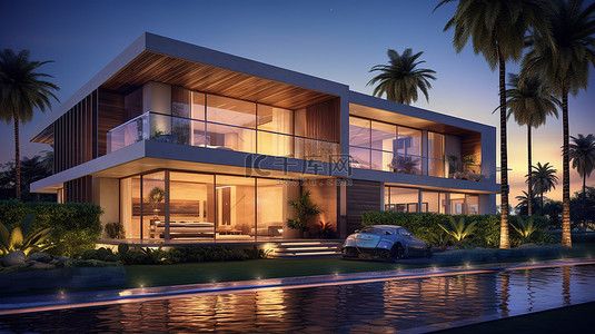 迪拜现代住宅的豪华建筑 3D 渲染