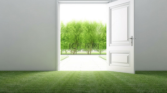 通往一扇打开的白色门的宁静绿色通道的 3D 渲染