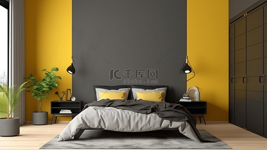 黑卧室背景图片_当代卧室的 3D 渲染，配有黑灰色双人床黄色墙壁和紧闭的门