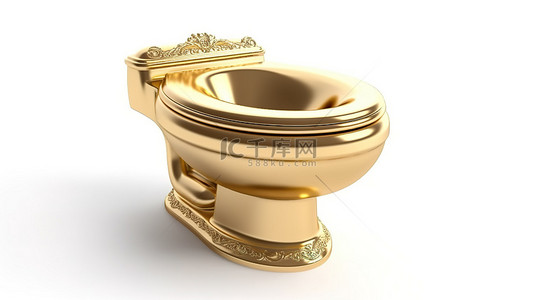 陶瓷马桶背景图片_带有金色陶瓷马桶的白色背景的 3D 渲染