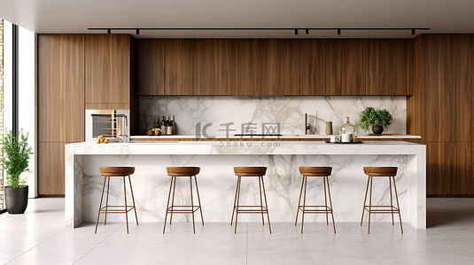 现代厨房配有木制橱柜长长的白色大理石柜台和木凳，3D 插图
