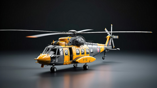 军用运输或救援直升机灰色背景的 3D 插图