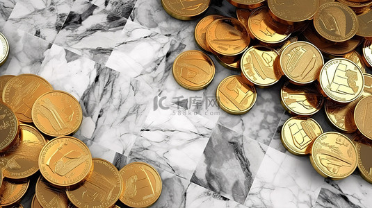 几何金币和货币的大理石纹理 3D 渲染