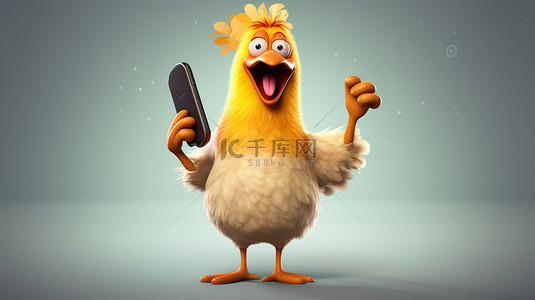 拿手机手机人物背景图片_有趣的 3d 小鸡，手里拿着手机