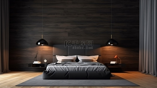 卧室的 3D 插图，配有木地板侧灯和醒目的黑石墙天花板