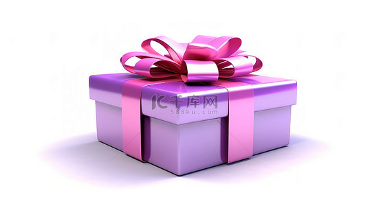 粉红色礼品盒的 3D 渲染，带有白色背景上隔离的大紫色蝴蝶结