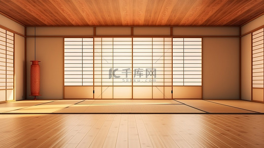 日式海浪山峰背景图片_最小的日式风格一间空荡荡的木屋，配有榻榻米地板 3D 渲染