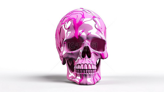 白色背景突出了抽象的 3D 粉红色头骨，颜色粗糙