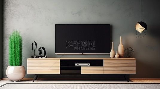 电视墙背景背景图片_木制壁柜上电视模型的 3D 室内设计渲染