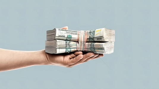 一堆钞票背景图片_卡通手在朴素的背景上抓着一堆钱的 3D 插图