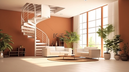 3D 渲染干净诱人的客厅，带螺旋楼梯背景
