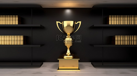 3D书架子背景图片_夜间在书架上以 3D 渲染的方式展示冠军奖杯，在空旷的白色室内