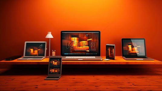 办公电商背景图片_亮橙色工作站横幅，配有电脑笔记本电脑手机和平板电脑 3D 渲染