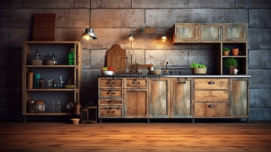 厨卫室内背景图片_木地板上老式木制厨柜的复古魅力经典照片 3D 渲染图像