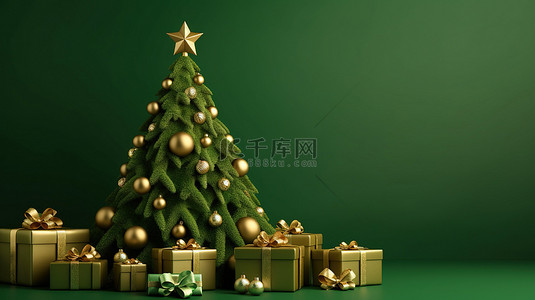 设计。圣诞树背景图片_3D 渲染绿色主题横幅，用于圣诞快乐和新年快乐礼物概念，采用树设计
