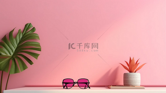 办公室舞台场景背景图片_粉红色办公室墙壁背景上阳光下绿叶植物的 3D 渲染