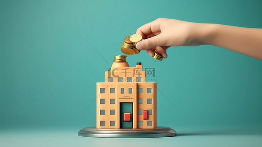 银行投资背景图片_卡通手将一枚硬币存放在银行形状的钱盒中的 3D 插图，其中有文本空间