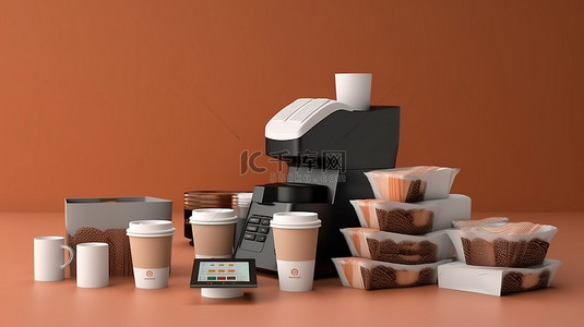 终端背景图片_具有一次性咖啡杯 pos 终端信用卡和硬币的模型的 3D 渲染