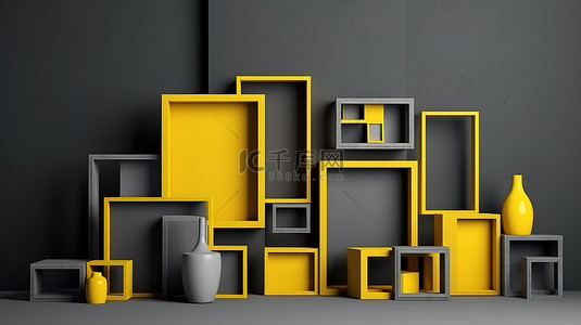 灰色黄背景图片_各种尺寸逼真 3D 渲染的空相框的灰色和黄色拼贴