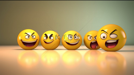 积极态度概念一张快乐的脸在一排愤怒的面孔中脱颖而出 3D 插图