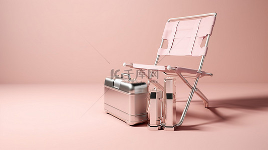 孤立的浅粉色背景，带有 3D 渲染的银色手提箱和沙滩躺椅