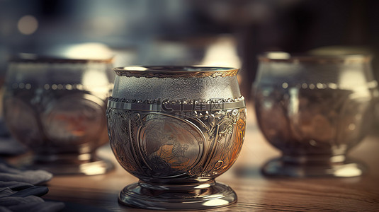 美食和旅游背景图片_传统俄罗斯茶具 3d 渲染金属支架中的玻璃杯，具有选择性聚焦和色调