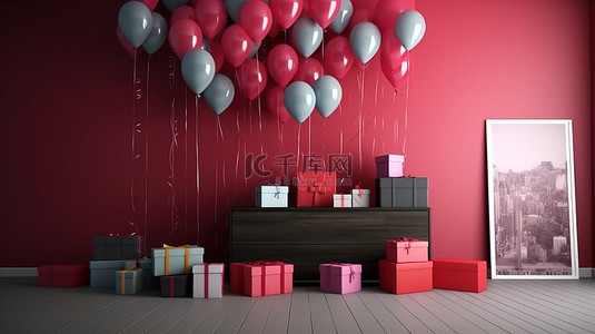 节日 3D 室内礼品盒海报和气球