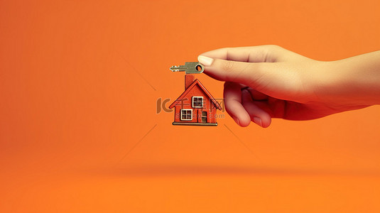 卡通房子手背景图片_固定房屋形状钥匙圈的卡通手的 3D 插图