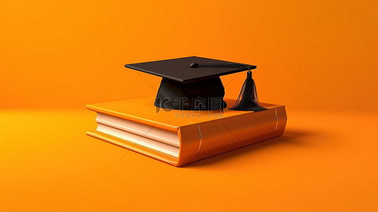 橙色背景下书籍和帽子的毕业象征主义 3D 渲染
