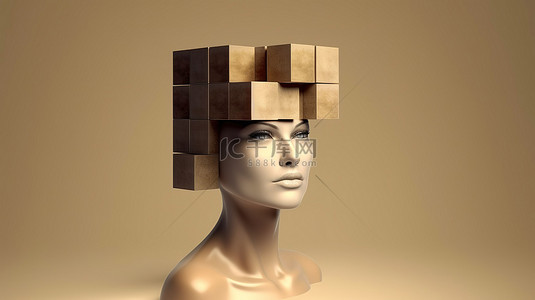 发型背景图片_以立方体作为独特发型概念的女性头部的 3D 插图