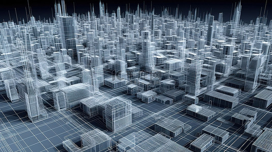 科技与未来背景图片_城市景观的线框轮廓 3d 数字城市与摩天大楼和小镇