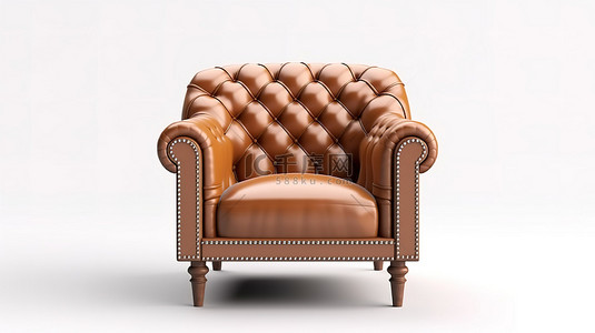 高端棕色皮革扶手椅在 3D 渲染中隔离在白色背景上