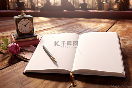 春节明信片背景图片_坐在木桌上的打开的笔记本