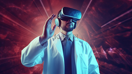 戴着虚拟现实耳机的医生的有趣 3D 渲染