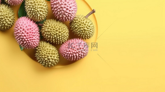 粉红色背景下榴莲果的顶视图，创意水果创意的 3D 渲染概念