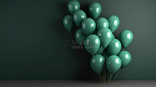 充满活力的绿色气球簇对着光滑的黑墙 3D 横幅插图