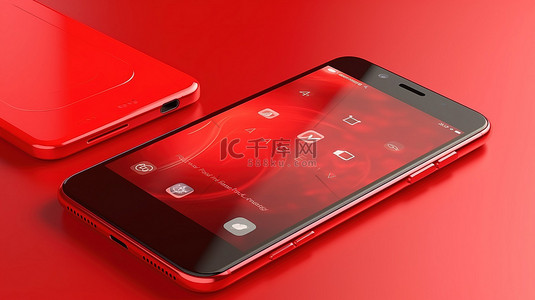 科技手红色背景图片_显示更新界面的智能手机的红色背景 3d 渲染