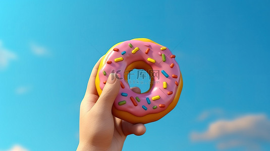 3d人物海报背景图片_拿着象征面包店糖果店或咖啡馆的甜甜圈的卡通手的 3D 渲染