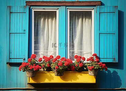 车臣的植物群 窗框里的亮蓝色百叶窗 花盆