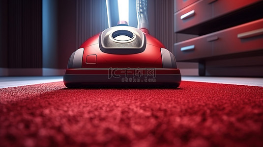 清洁家电背景图片_未来家电 3D 渲染现代真空吸尘器在空荡荡的客厅红地毯上的特写视图