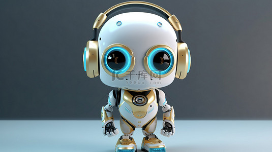 卡通耳机中可爱的 AI 机器人 3D 渲染图像