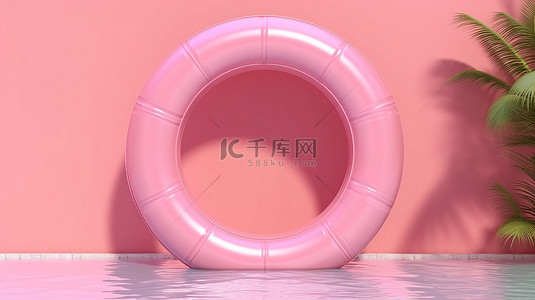 游泳池游泳圈背景图片_粉红色夏季背景的 3D 渲染，带有充气游泳圈和用于复制空间的空矩形