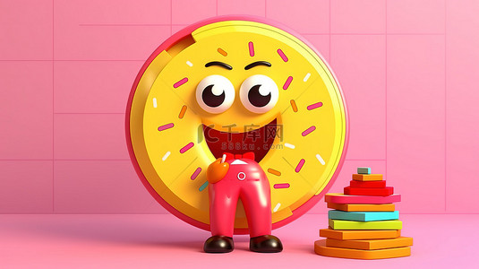黄色的蛋糕背景图片_粉红色釉面甜甜圈吉祥物的 3D 渲染，在充满活力的黄色背景上持有信息图形业务饼图