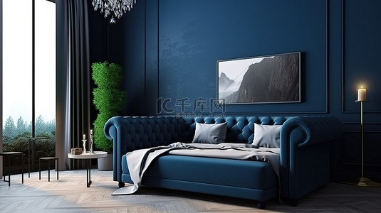 卧室配有深蓝色沙发和床模型的 3D 渲染