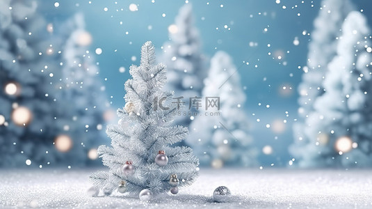 冬季仙境节日圣诞树，有雪，有足够的空间展示产品，3D 渲染中散景模糊的降雪背景